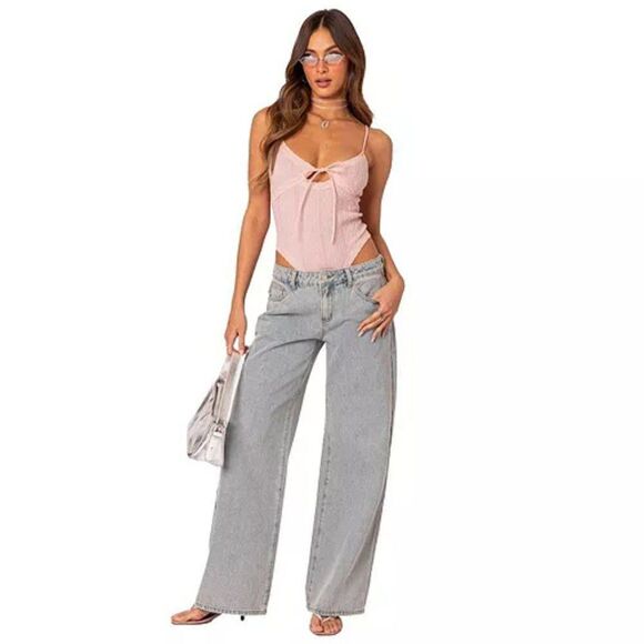 Edikted Bow Pocket Wide Leg Relaxed Jean Sz Med Light Wash Baggy Coquette - Picture 13 of 15